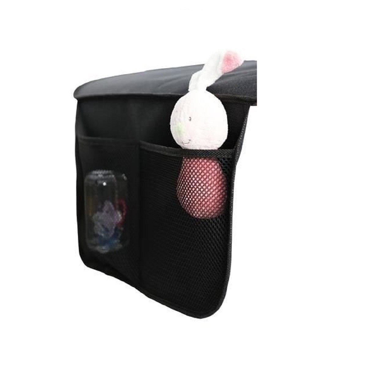 Bolsa de almacenamiento negra con bolsillos, un conejito de juguete y una botella.