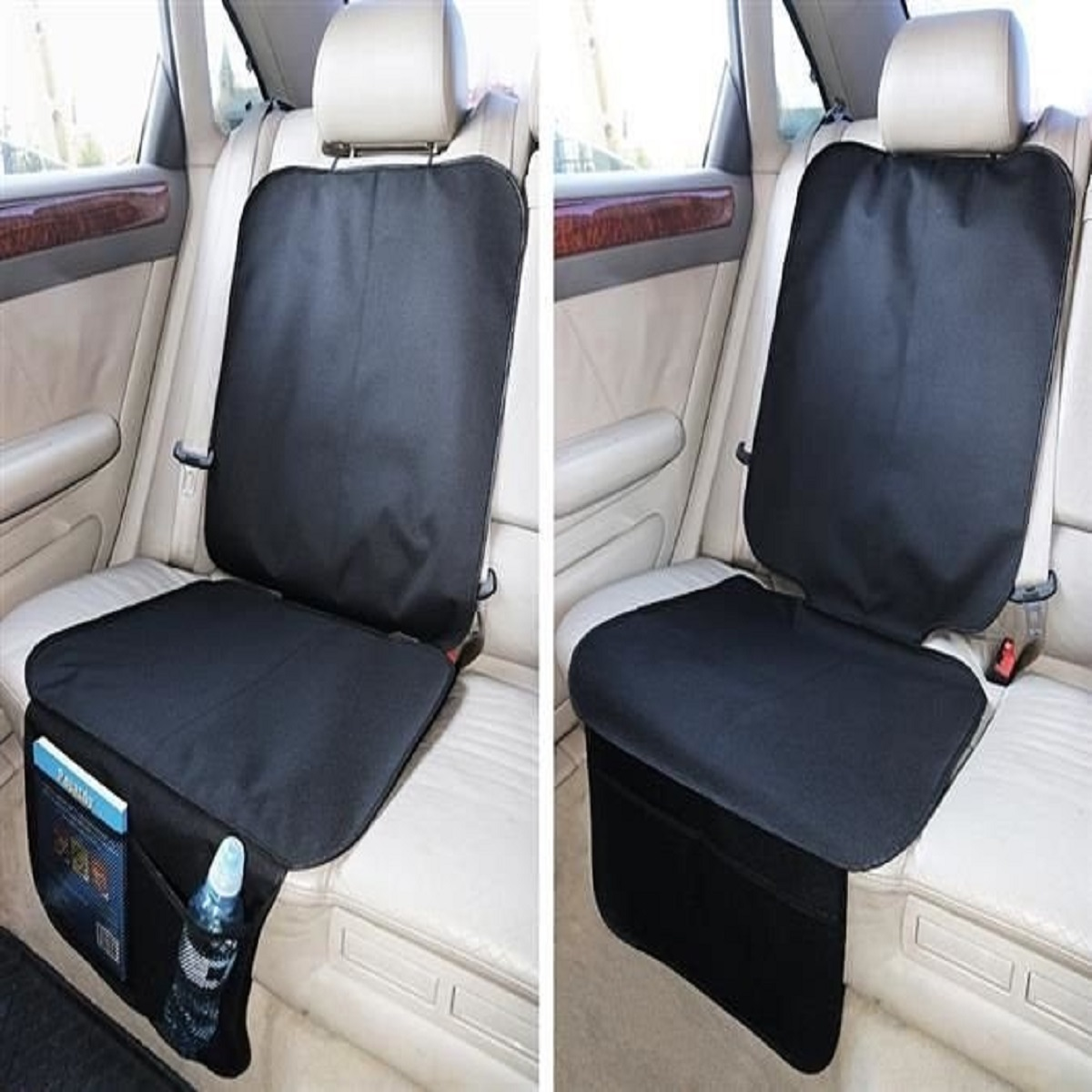 Protector de asiento de coche negro con bolsillos, sobre un asiento de cuero beige.