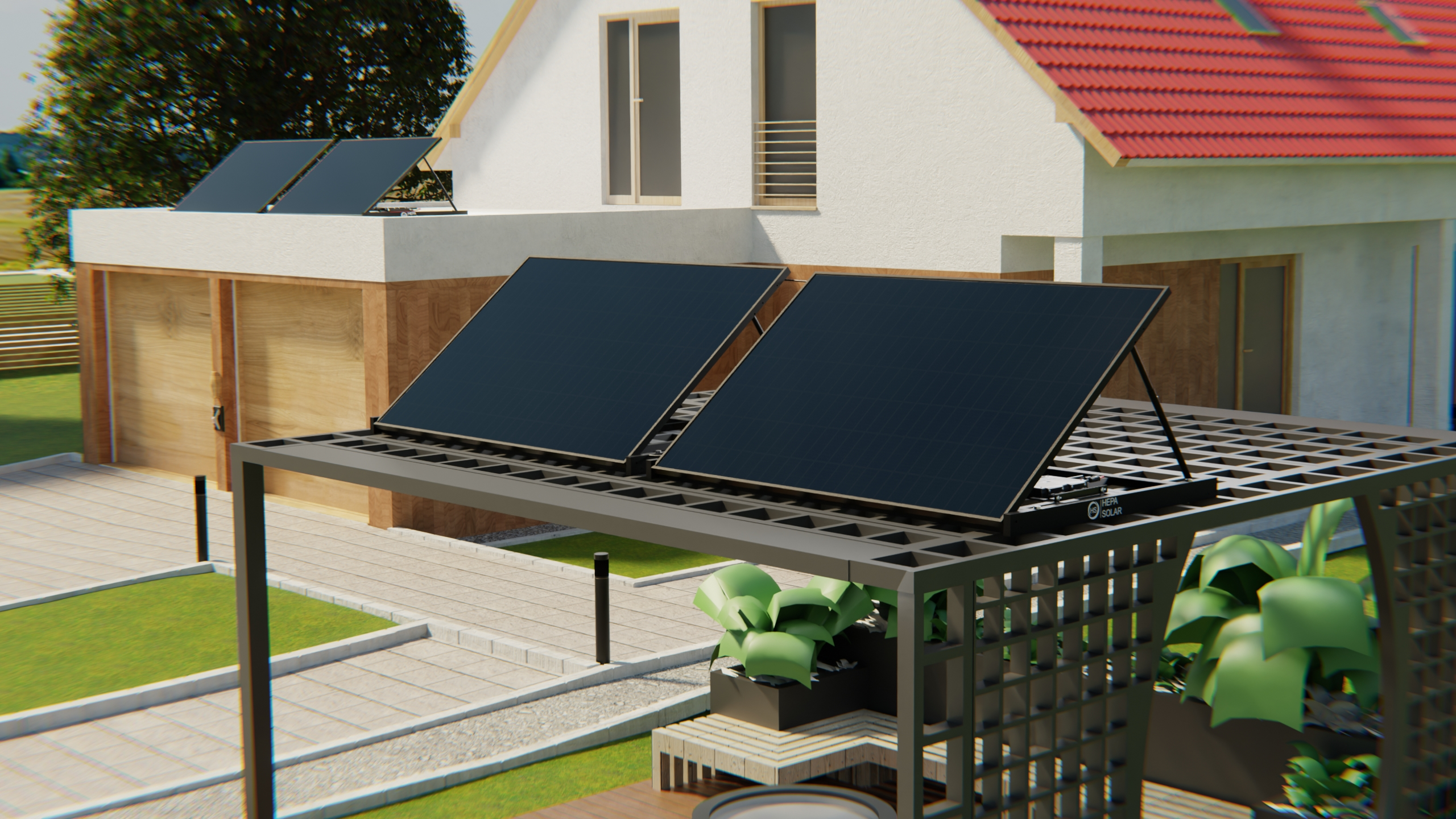 Solarpanels auf einem modernen Vordach vor einem Haus mit Garagentor.