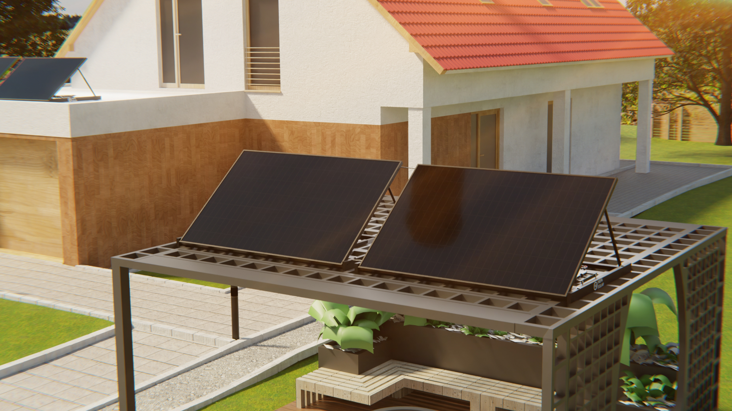 Zwei Solarpanels auf einer modernen Pergola vor einem Haus mit Ziegeldach.