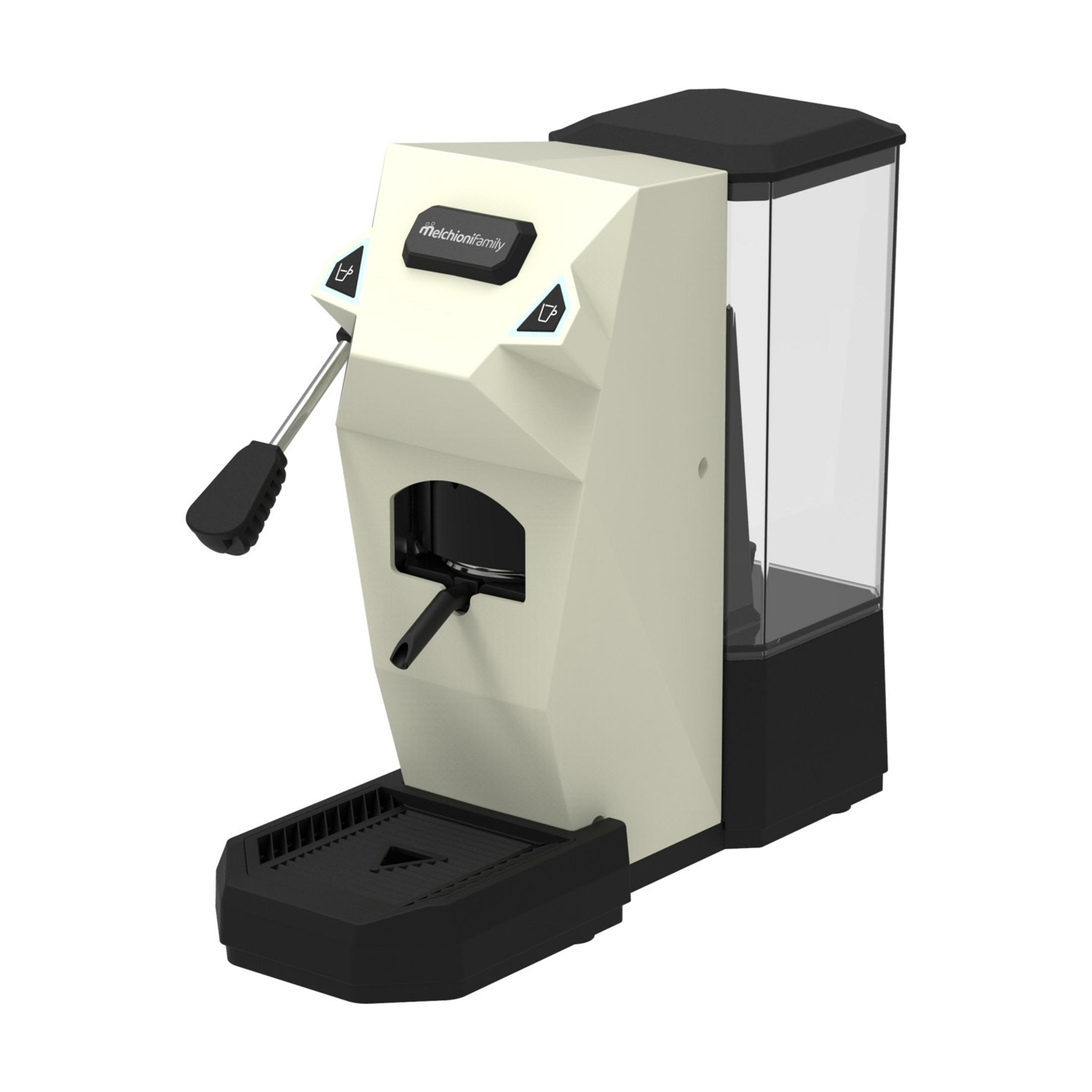 Eine cremefarbene Kaffeemaschine mit schwarzem Wassertank und Tropfschale.