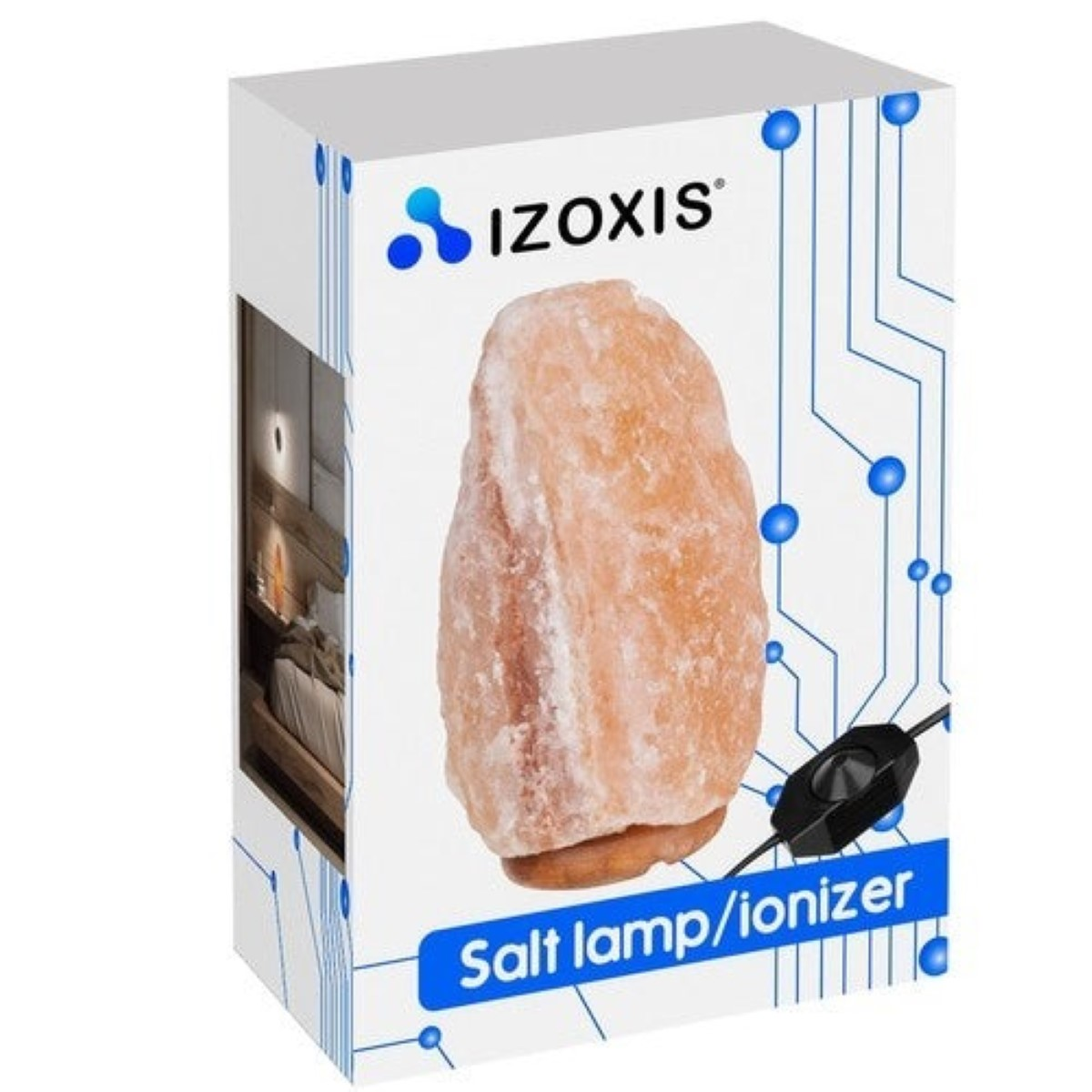 Empaque de lámpara de sal/ionizador IZOXIS con bloque de sal rosa y interruptor.
