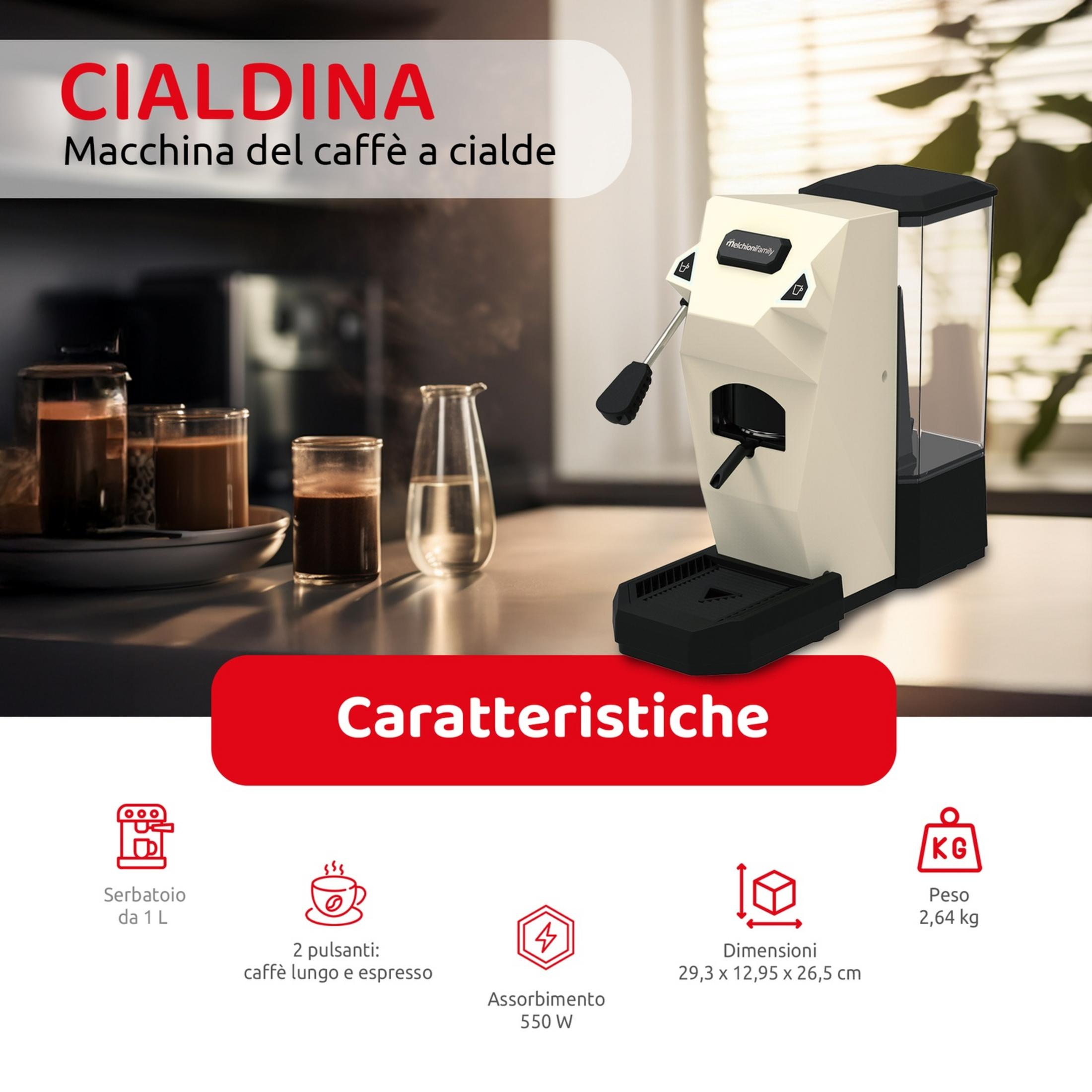 Eine cremefarbene und schwarze Kaffeemaschine mit einem Wassertank, Tassen und Produktmerkmalen.