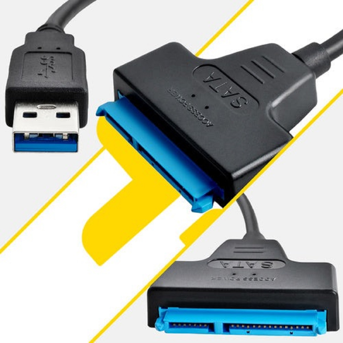 Cable adaptador USB 3.0 a SATA con conectores azules y carcasa negra.