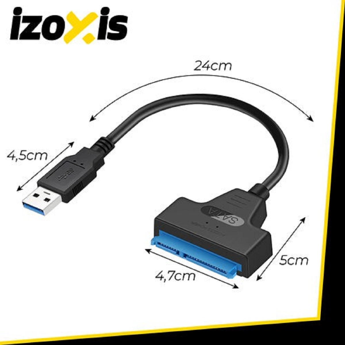 Un cable adaptador USB a SATA negro con dimensiones.
