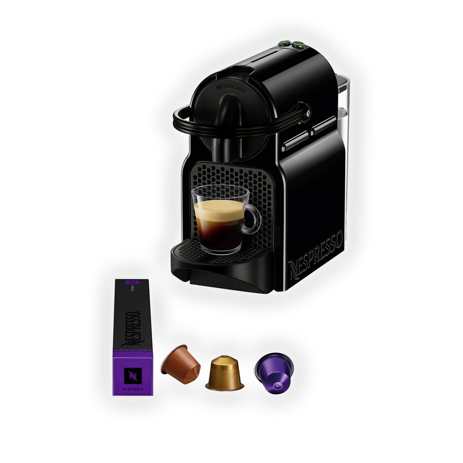 Czarna maszyna Nespresso z filiżanką espresso i kapsułkami.