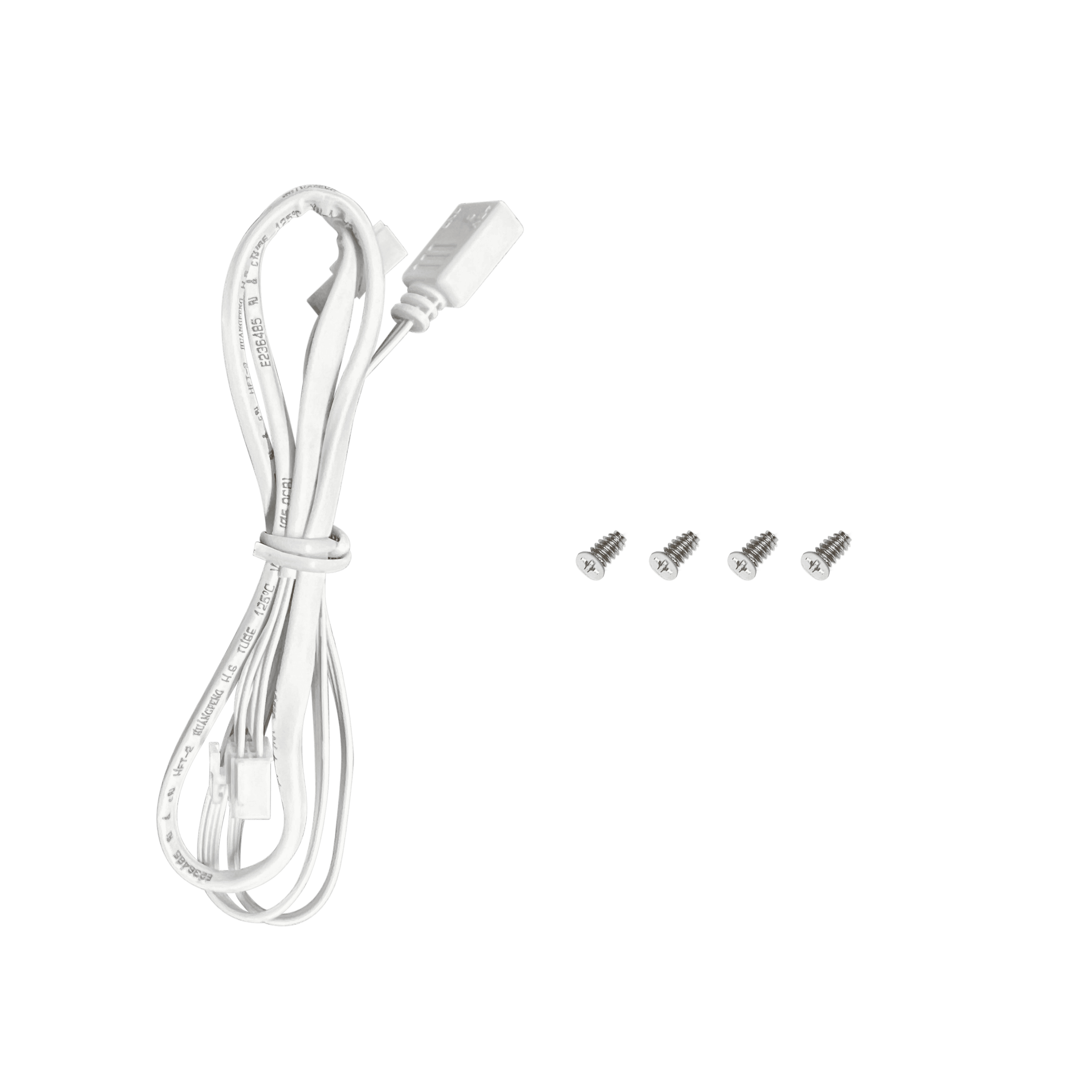 Biały kabel ze złączem i trzema śrubami na białym tle.