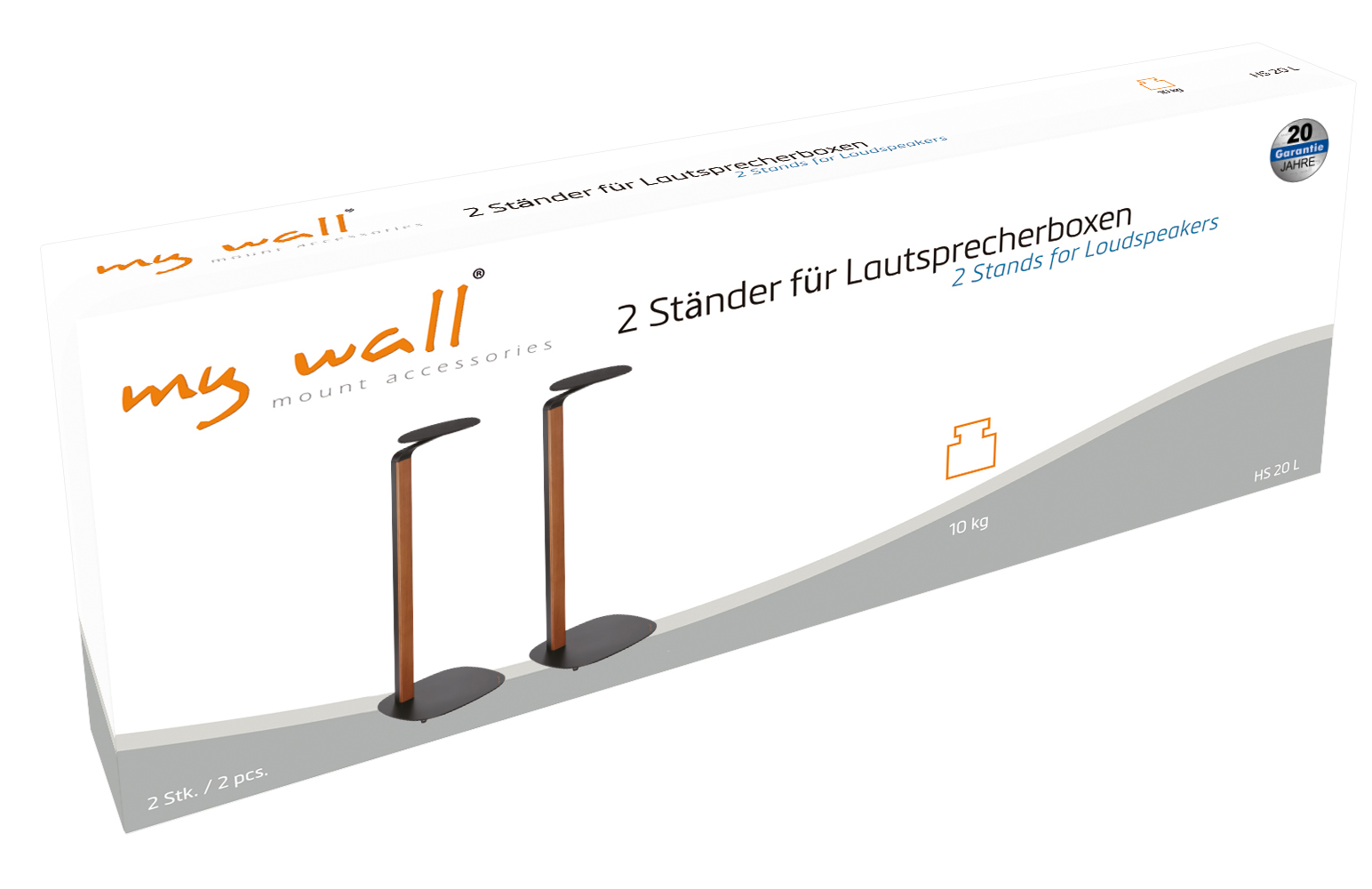 Verpackung für 2 Lautsprecherständer mit Holzdetails und schwarzem Fuß.