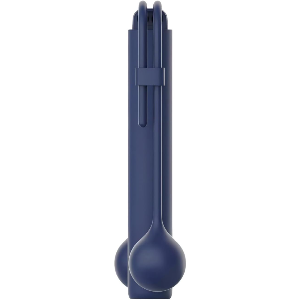 Porta utensili da cucina blu scuro con ganci e due cucchiai.