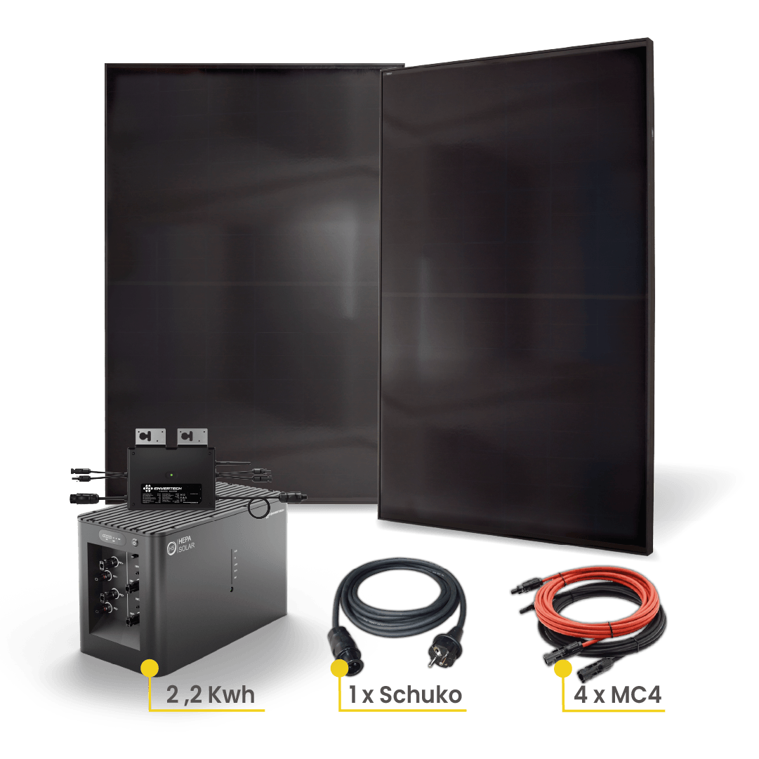 Zwei dunkle Solarmodule, ein Wechselrichter, Kabel und ein Schukostecker.