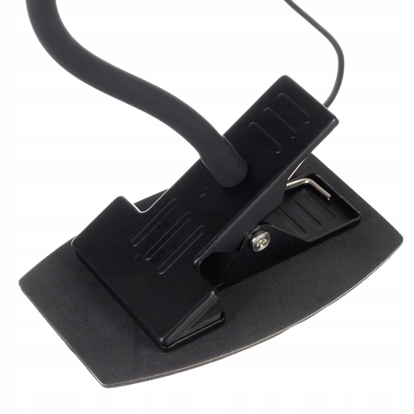 Base de clip negra con brazo flexible y conexión de cable.