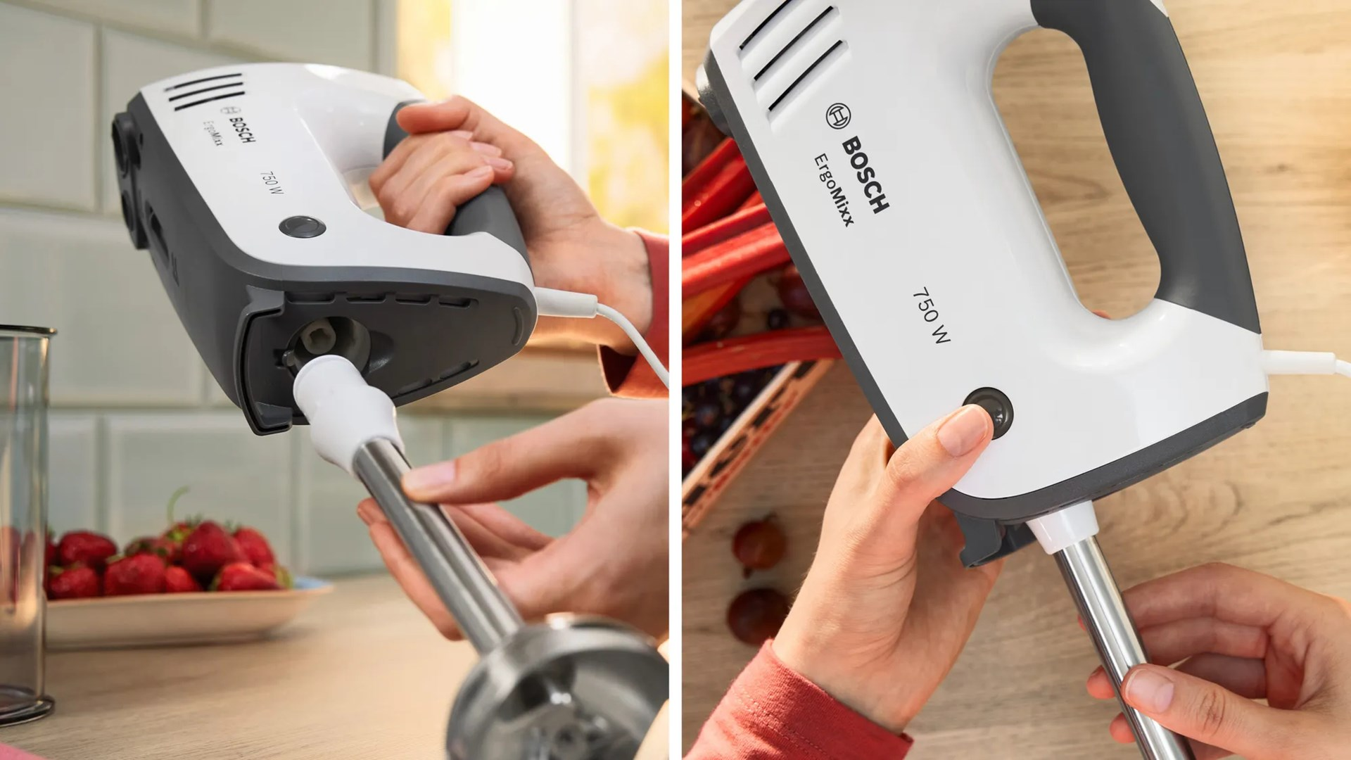 Eine Hand hält einen weißen Bosch Stabmixer mit grauen Akzenten und schließt ihn an.