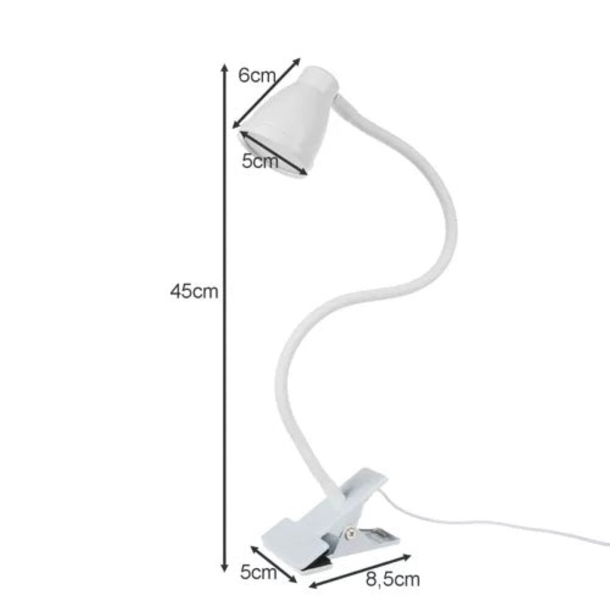 Lámpara de escritorio blanca con base de clip, 45cm de alto, 6cm de diámetro.