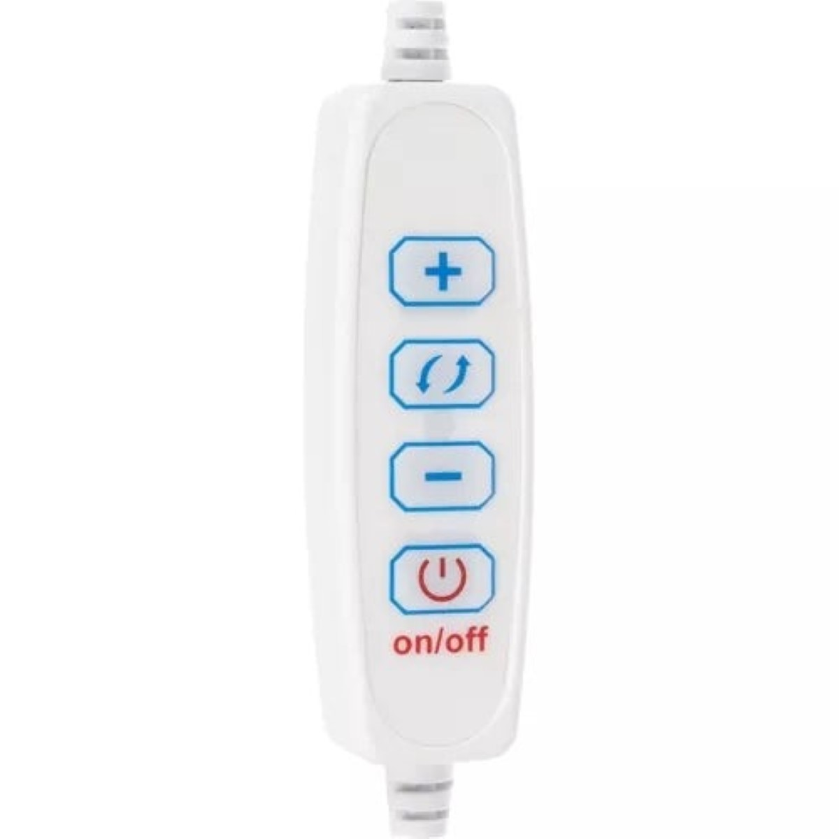 Un controlador de cable blanco con botones de encendido/apagado, m s, menos y modo.