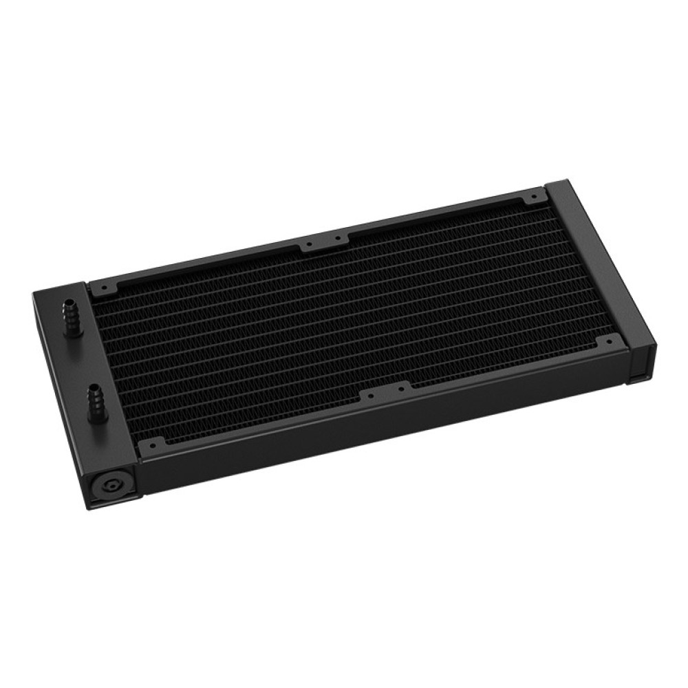 Radiateur noir de watercooling PC avec raccords et trous de montage ventilateur.