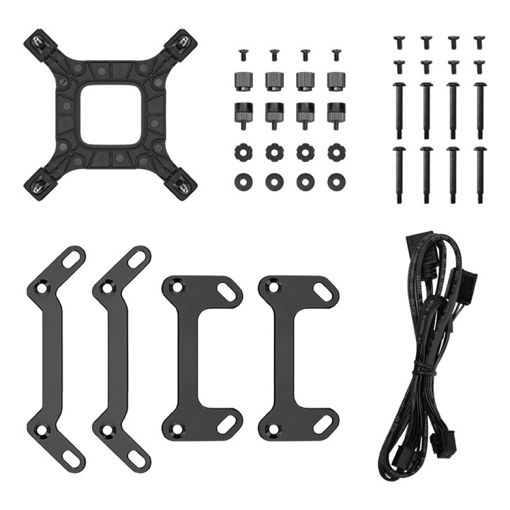 Un kit de support de montage noir avec vis, écrous et câbles.