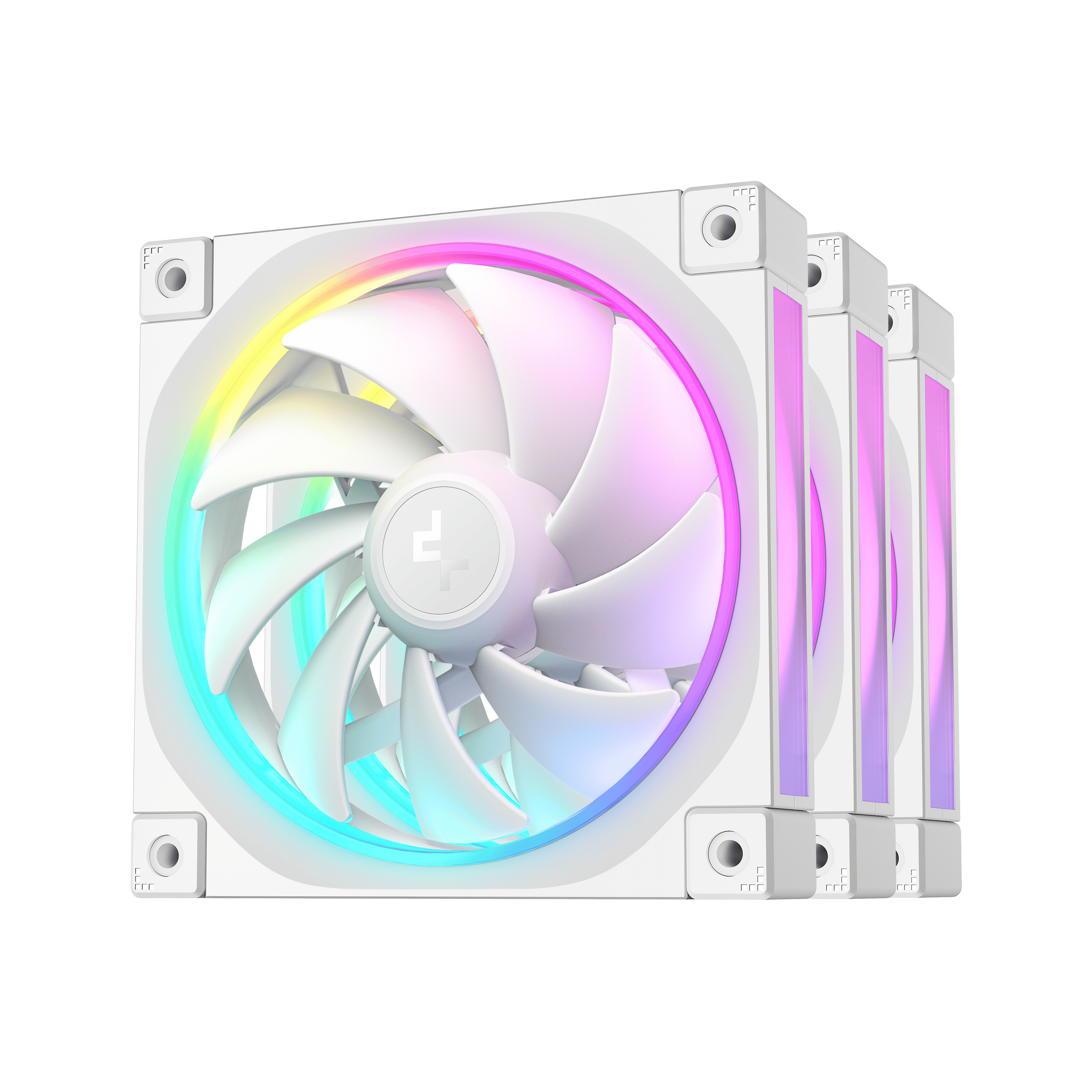 Białe wentylatory z oświetleniem RGB, widok z przodu i z boku.