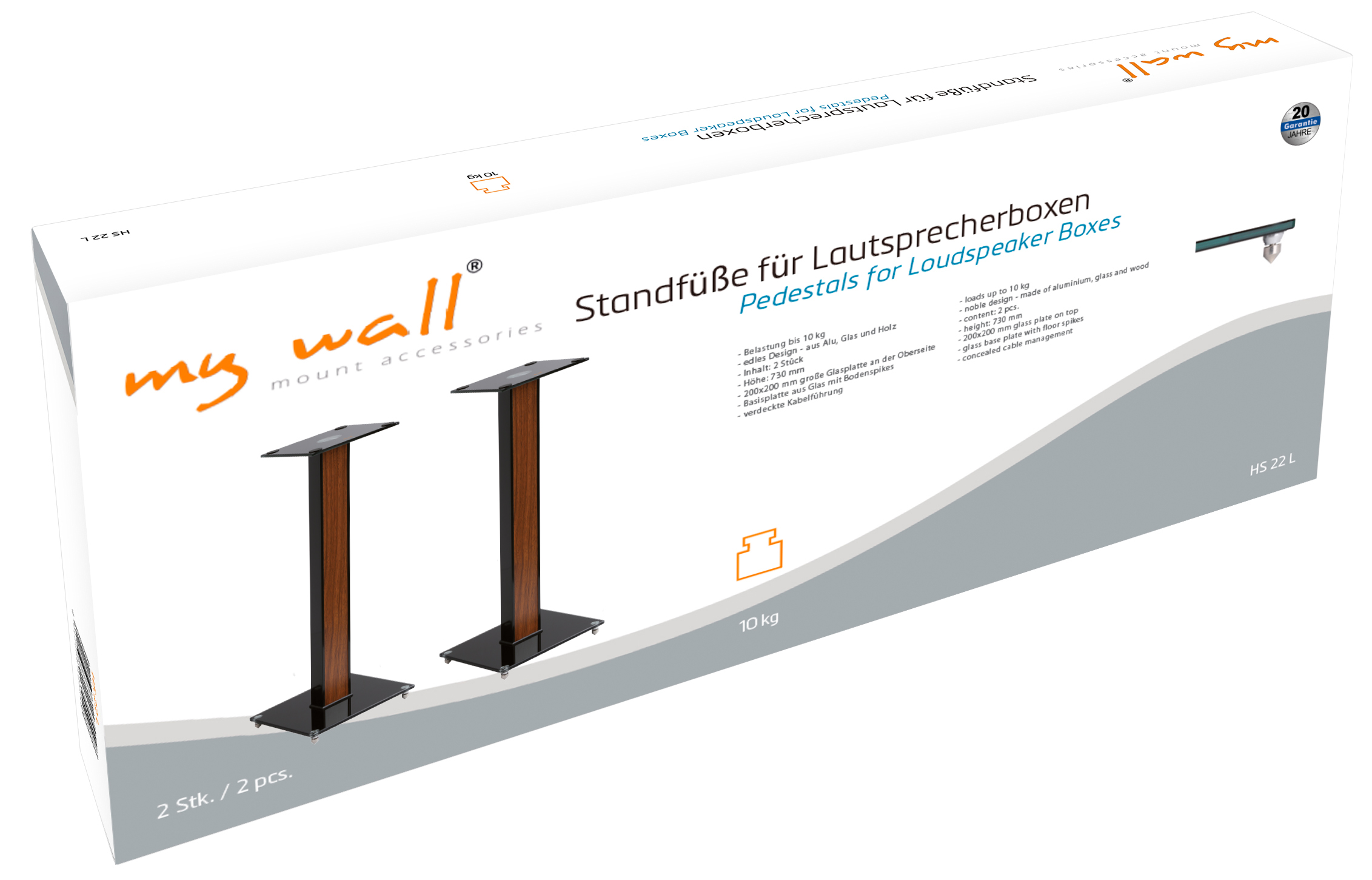 Zwei Lautsprecherständer aus Holz und Glas, mit schwarzer Basisplatte.