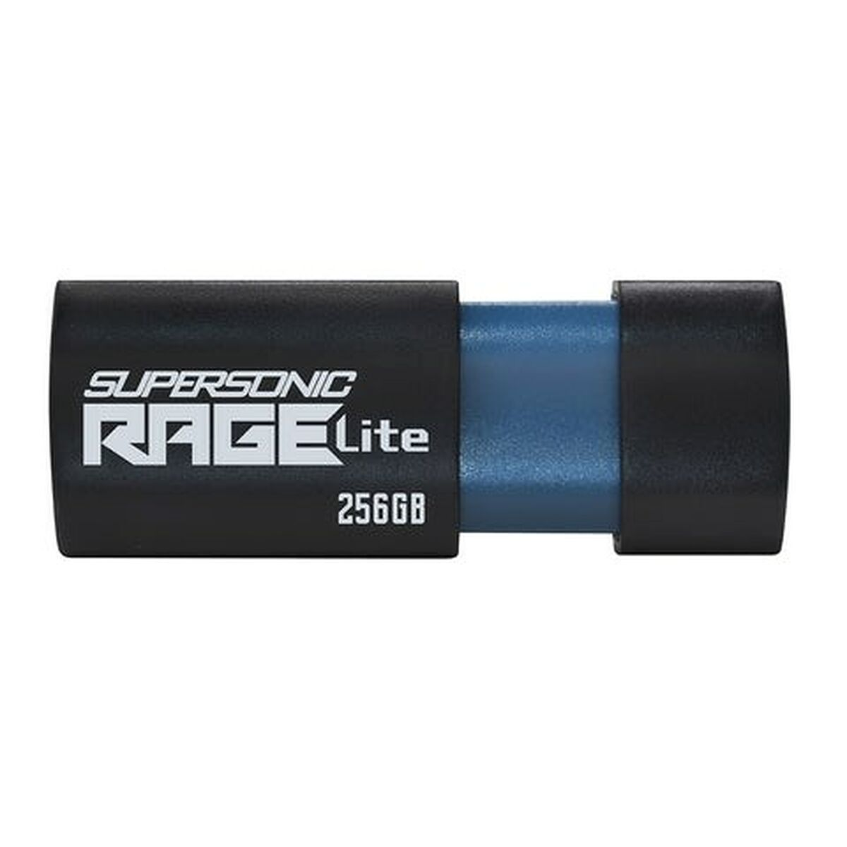 Czarny pendrive z niebieskim złączem. Napis: „Supersonic Rage Lite 256GB“.