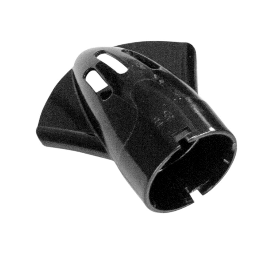 Czarny, stożkowy plastikowy dodatek z nacięciami i szerokim otworem.