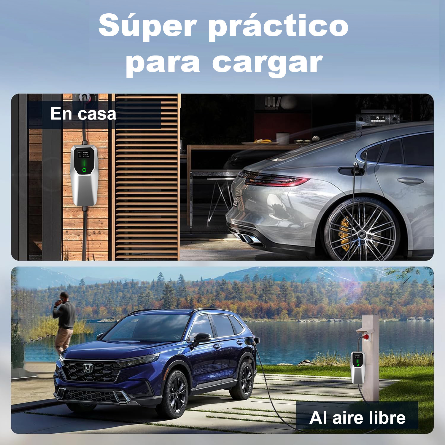 Un VE cargando en casa y al aire libre con una estación de carga.