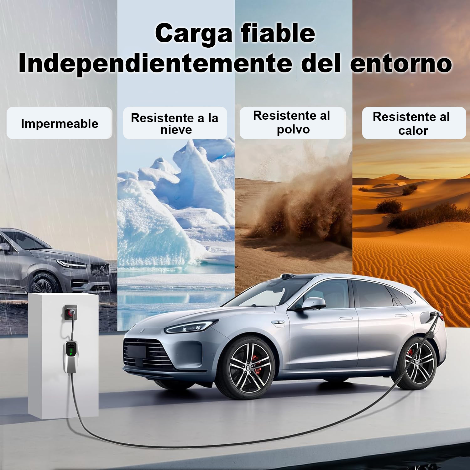 Un coche eléctrico plateado cargando en varios entornos: lluvia, nieve, polvo, desierto.