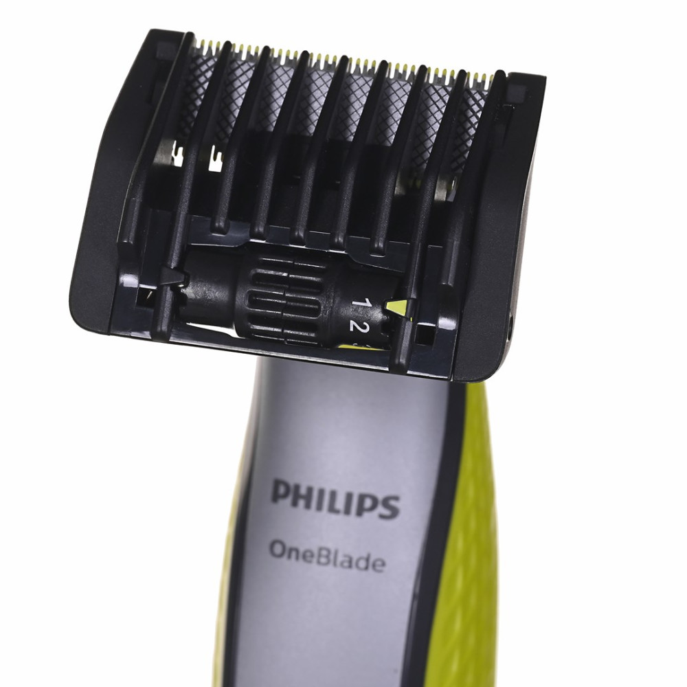 Zbliżenie trymera Philips OneBlade z czarną nasadką i regulacją długości.