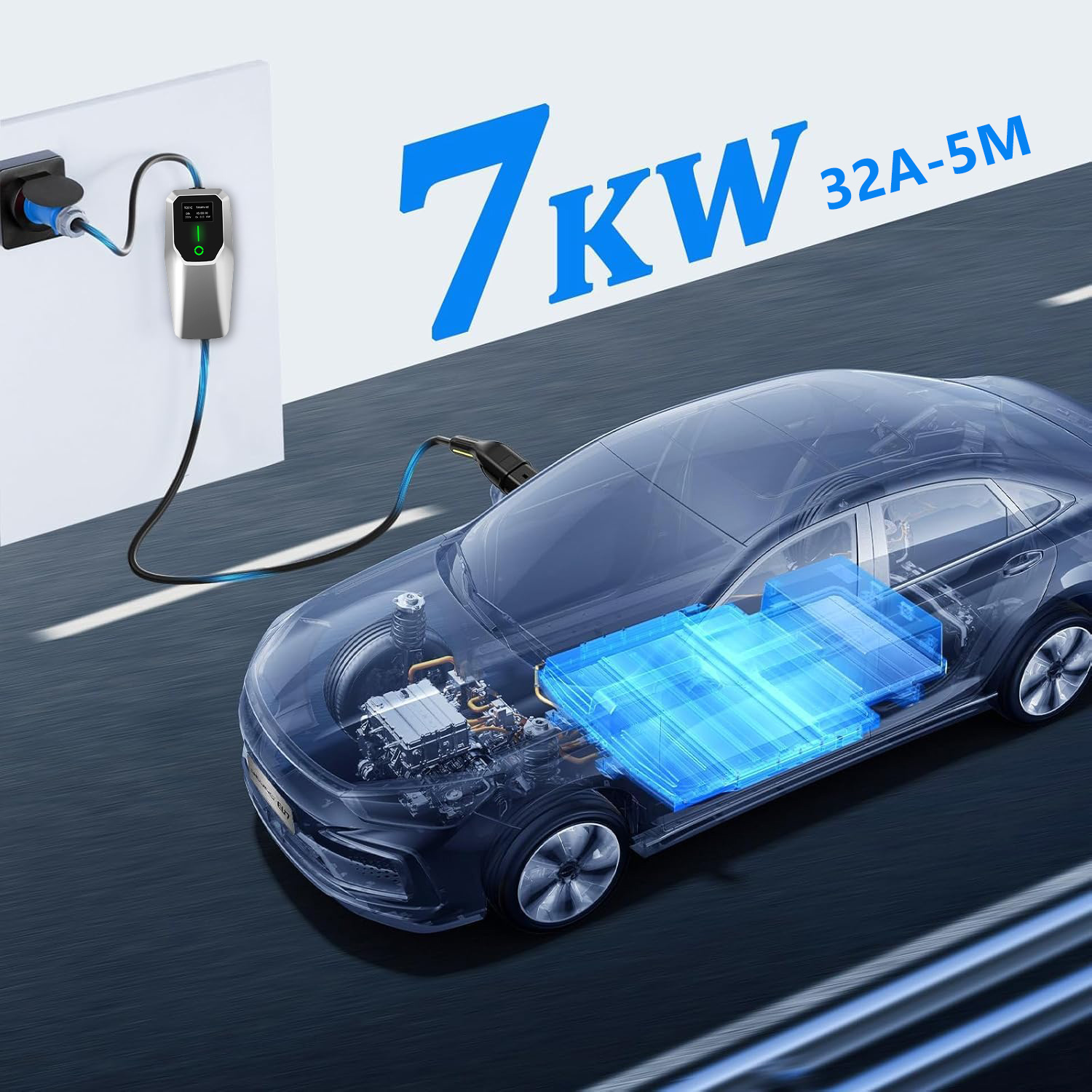 Un coche eléctrico cargando, mostrando motor, batería y cargador.