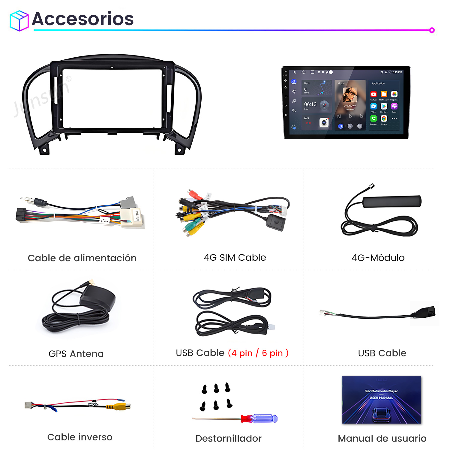 Accesorios: Kit de instalación, pantalla de radio, cables, antena, destornillador, manual.
