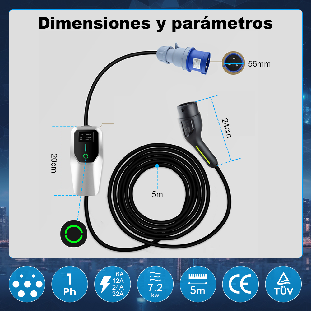 Unidad de carga con cable, enchufe y dimensiones. Unidad 20cm, enchufe 24cm, cable 5m.