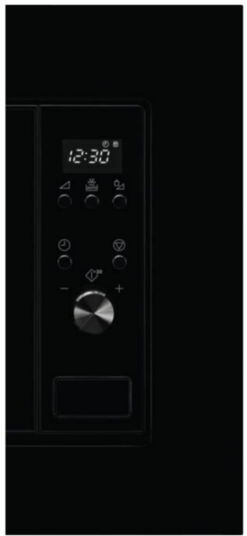 Czarny panel sterowania mikrofalówki z cyfrowym zegarem (12:30) i przyciskami.