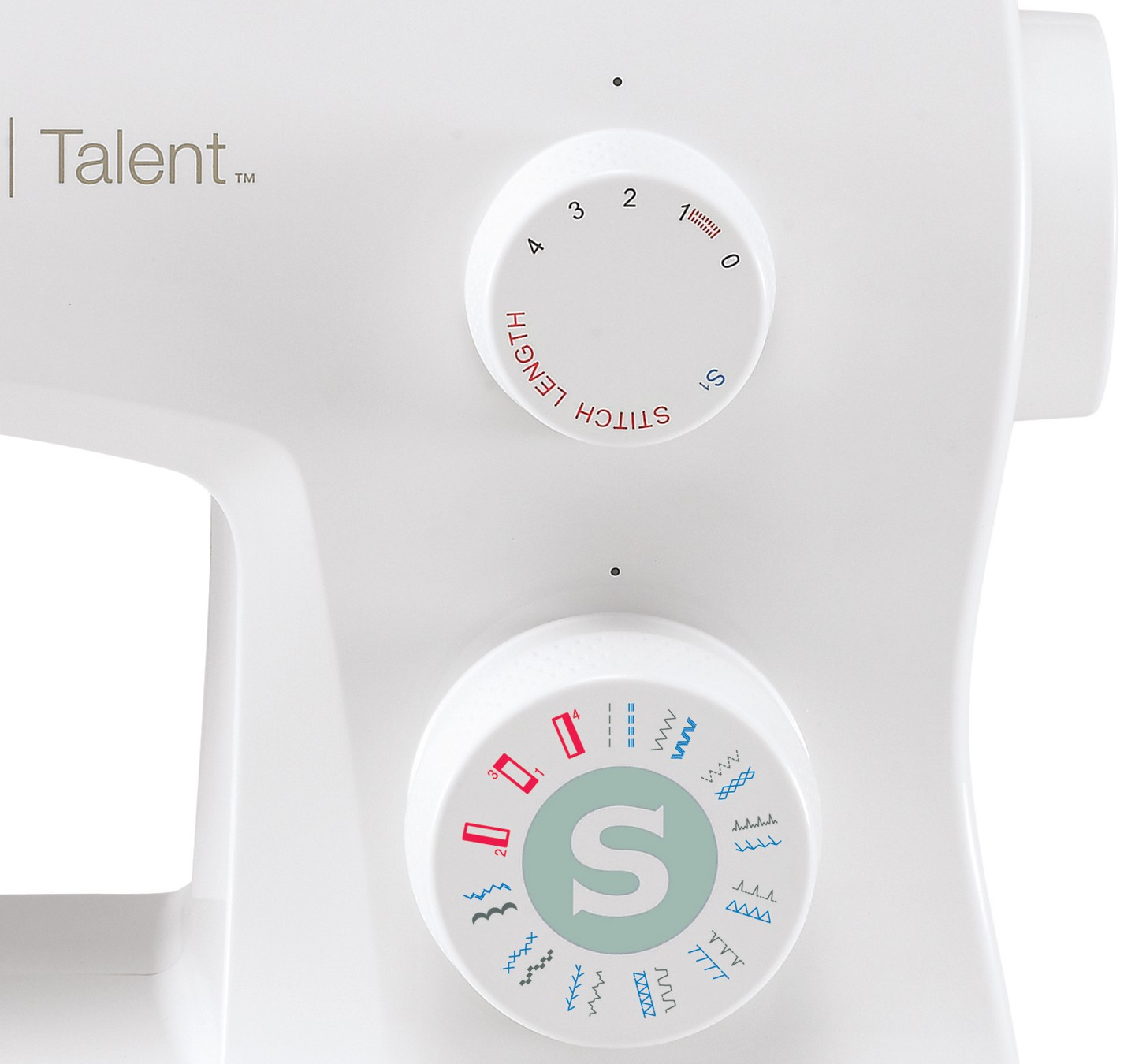 Maszyna do szycia z pokrętłami długości i wzoru ściegu.