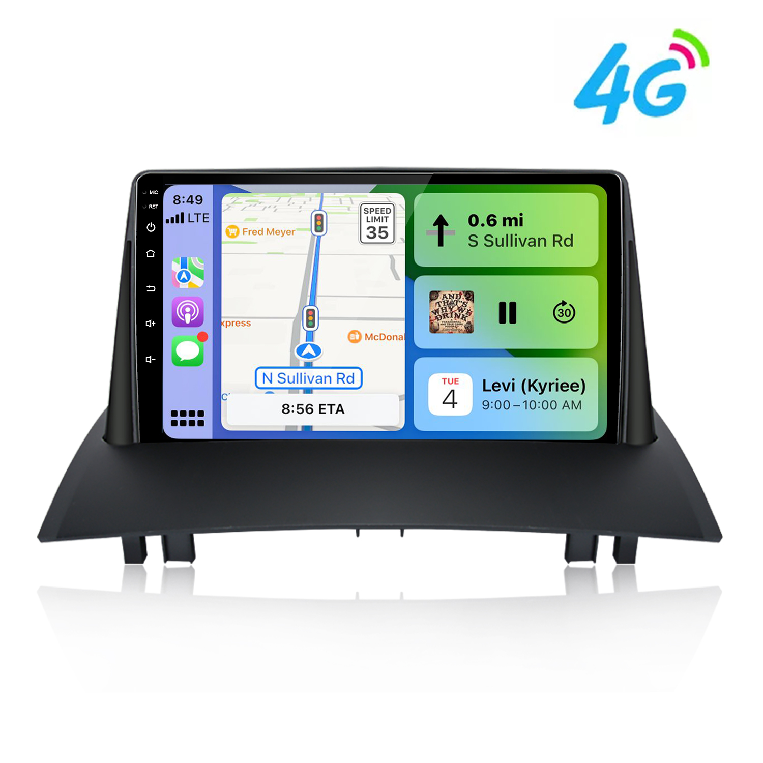 Una pantalla de radio de coche muestra mapa con navegación, música y calendario.