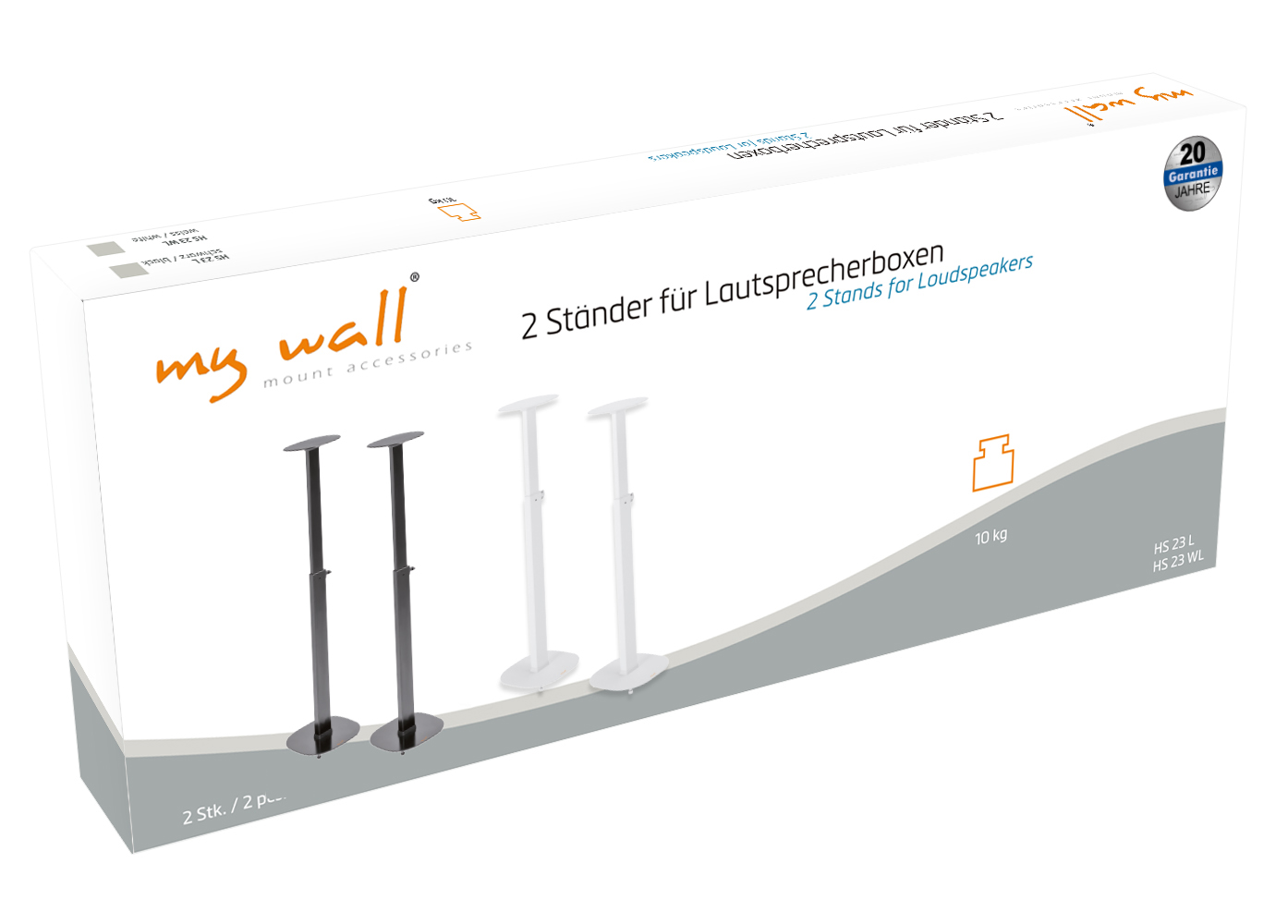 Verpackung mit zwei Lautsprecherständern, schwarz und weiß, 10kg Traglast.