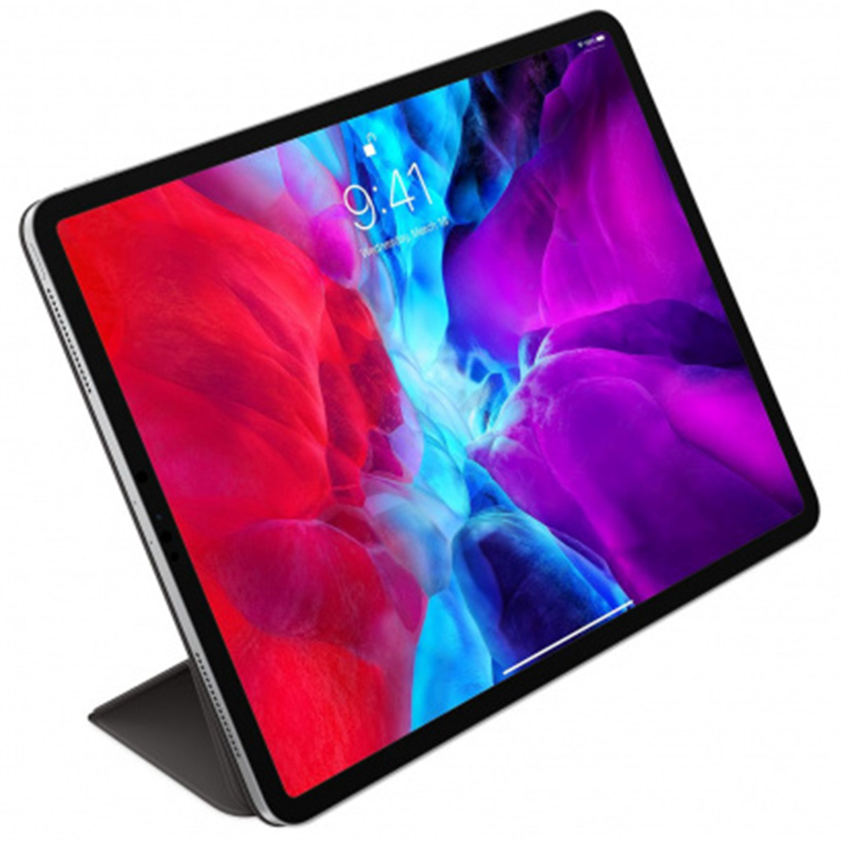 Ein Tablet mit bunter Hintergrundgrafik, das auf einem Ständer steht.