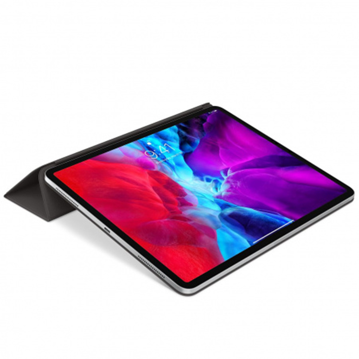 Ein Tablet mit einem bunten Hintergrundbild, das auf einem Ständer steht.