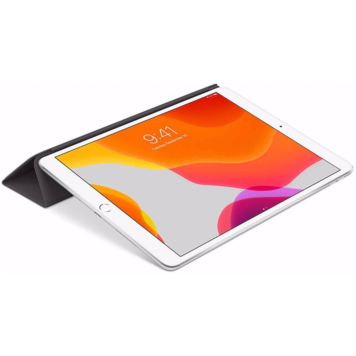 Ein weißes Tablet mit einer dunklen Hülle und einem bunten Hintergrundbild.