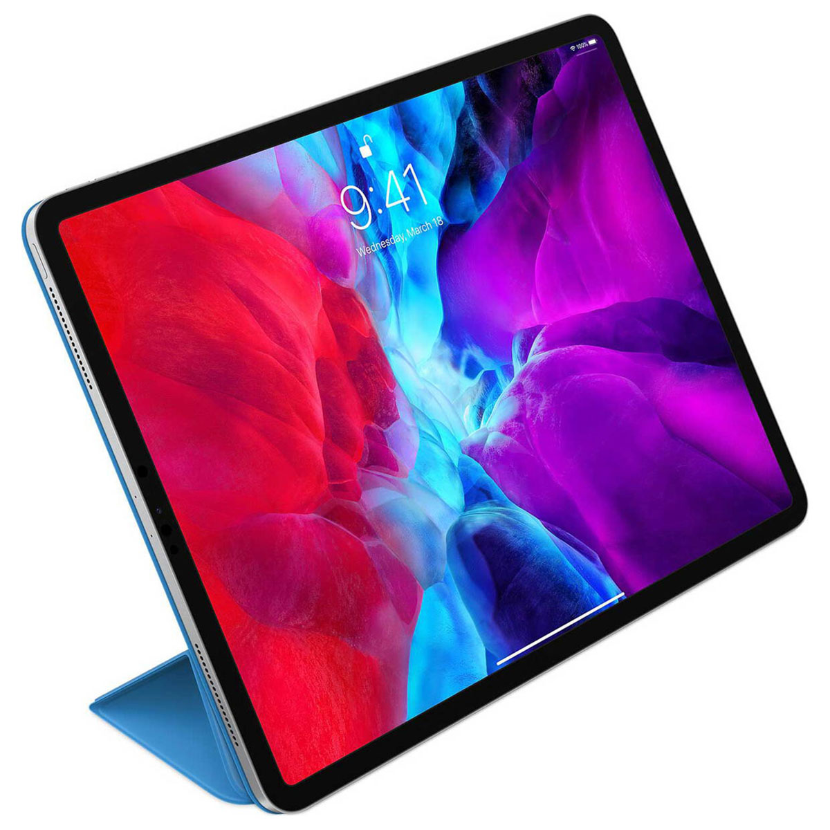 Ein blaues iPad Pro mit einem bunten Hintergrund und einer blauen Hülle.