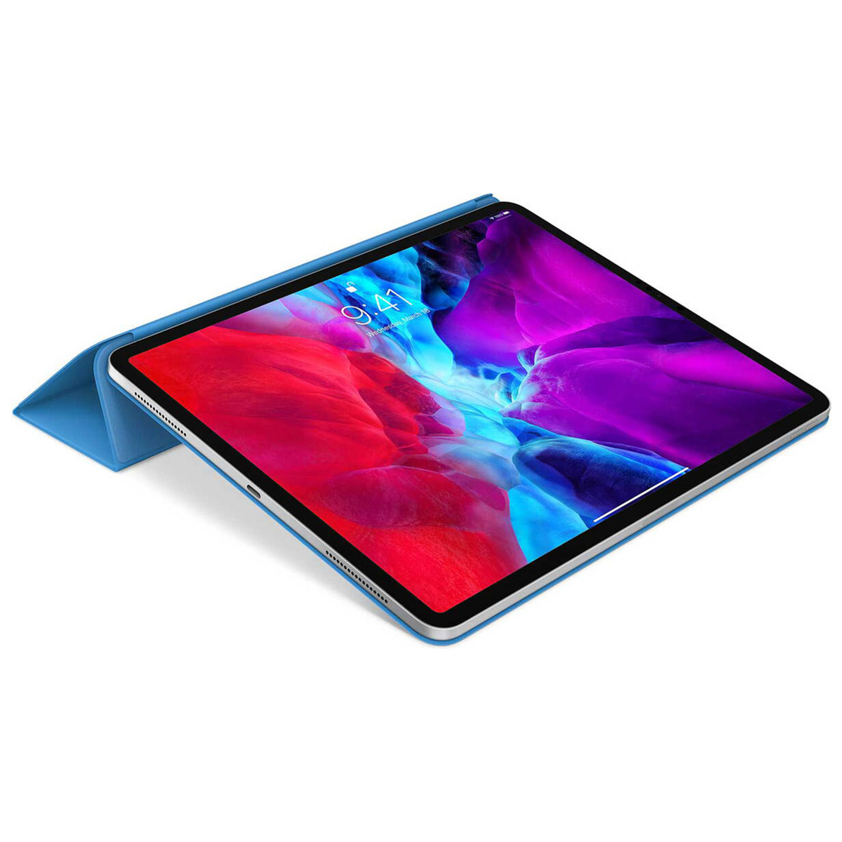 Ein blaues Tablet mit einem bunten Hintergrundbild und der Uhrzeit 9:41.
