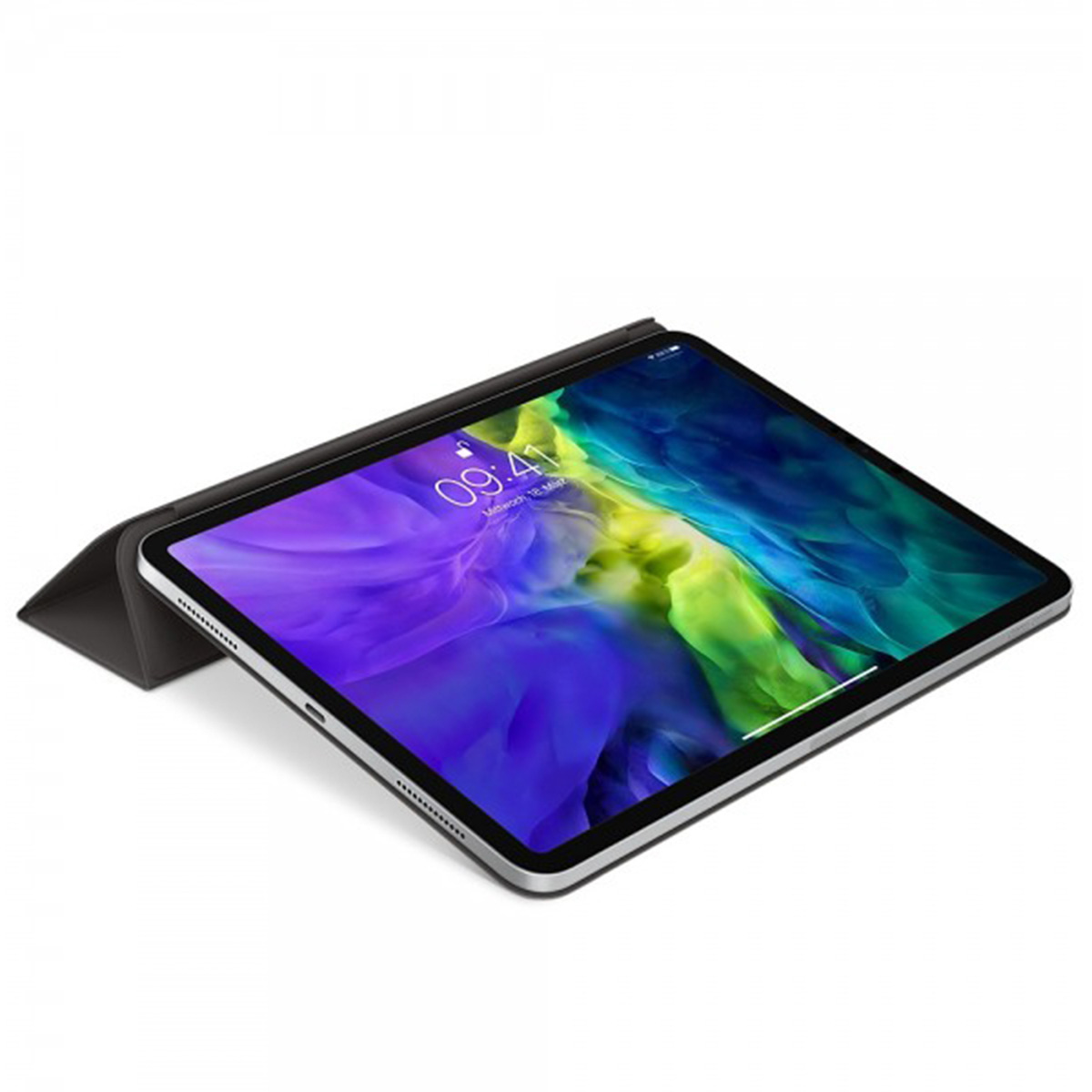 Ein Tablet mit Hülle, das auf einer weißen Fläche liegt. Der Bildschirm zeigt die Uhrzeit 09:41.