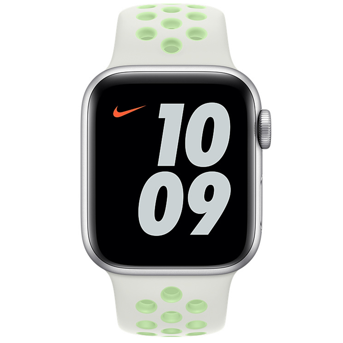 A white Apple Watch with Nike band and light green perforations.