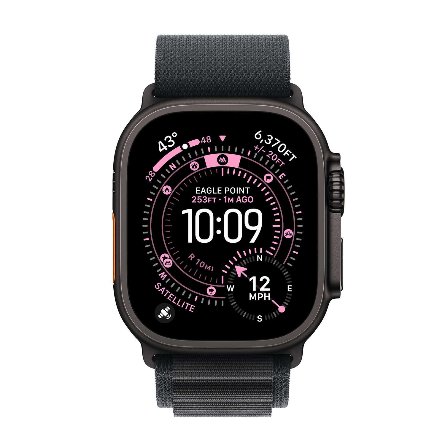 Uno smartwatch nero con cinturino scuro mostra ora, meteo, altitudine e velocità.
