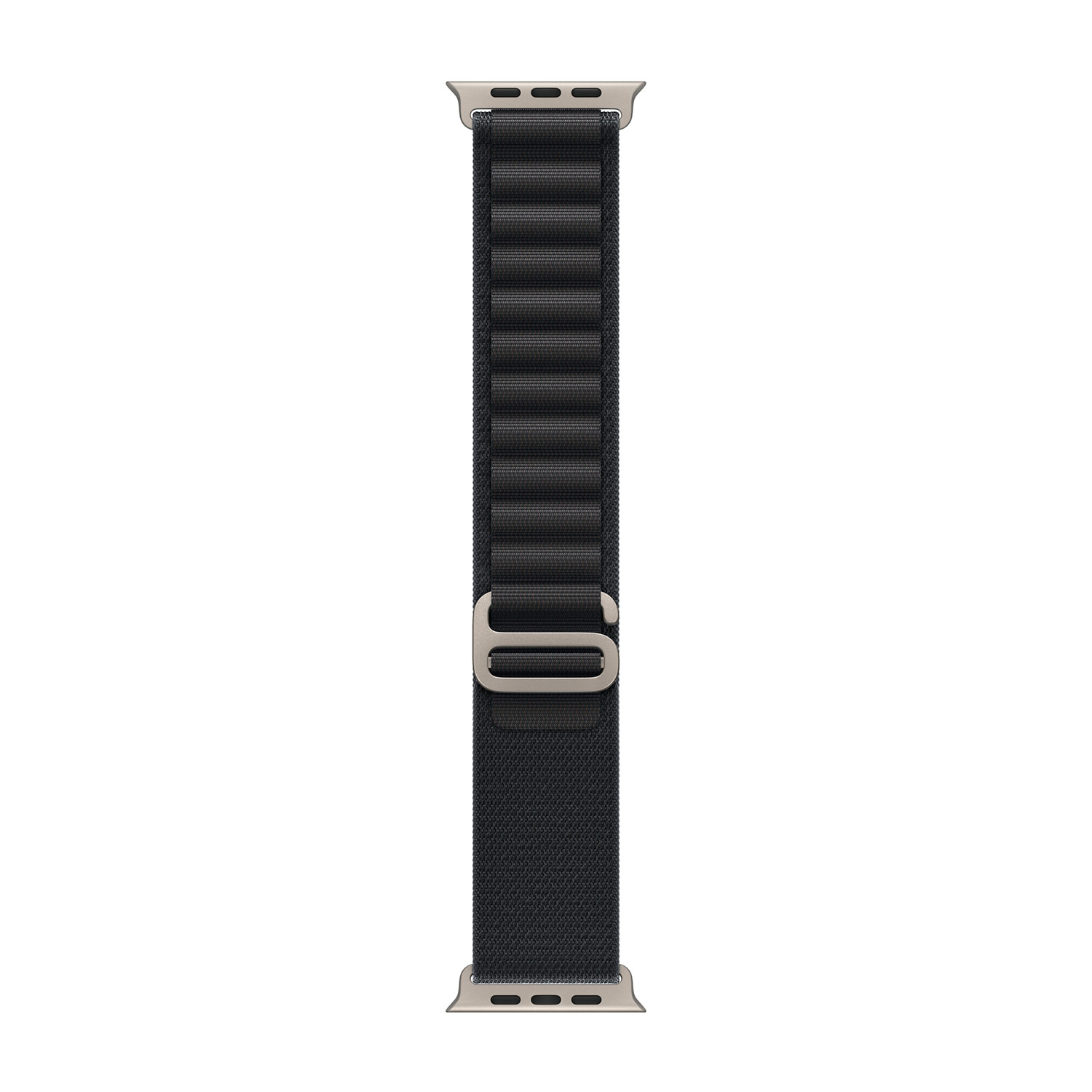 Un cinturino in tessuto nero per smartwatch con connettori argentati.