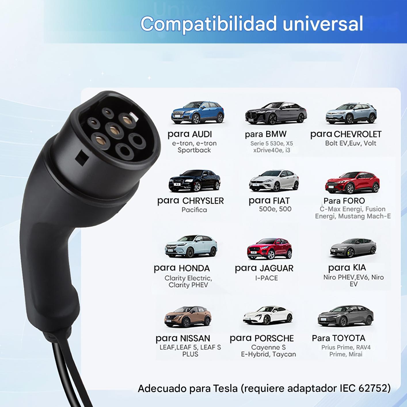 Un enchufe de carga con coches de varias marcas como Audi, BMW, Chevrolet.