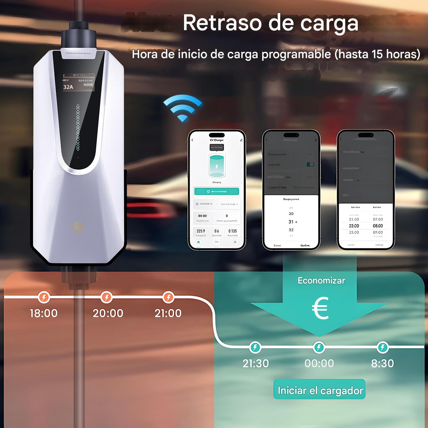 Cargador de VE con control de app, horarios y opciones de ahorro.