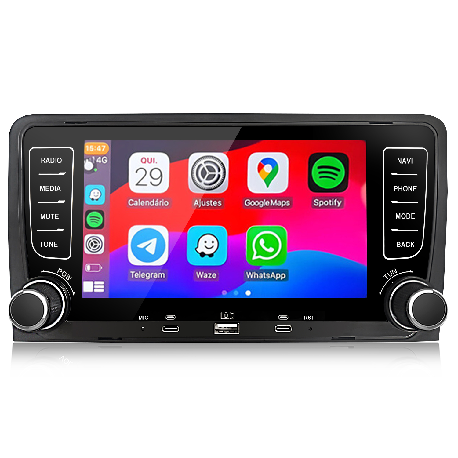 Un estéreo de coche con pantalla táctil muestra iconos de apps como Calendario, Google Maps, Spotify y Telegram.