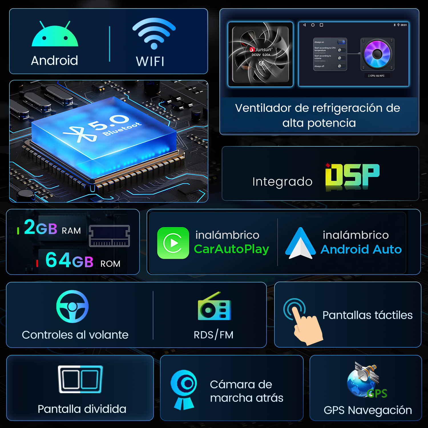 Android, WiFi, Chip Bluetooth 5.0, Ventilador, DSP, 2GB RAM, 64GB ROM, Carplay, Android Auto.