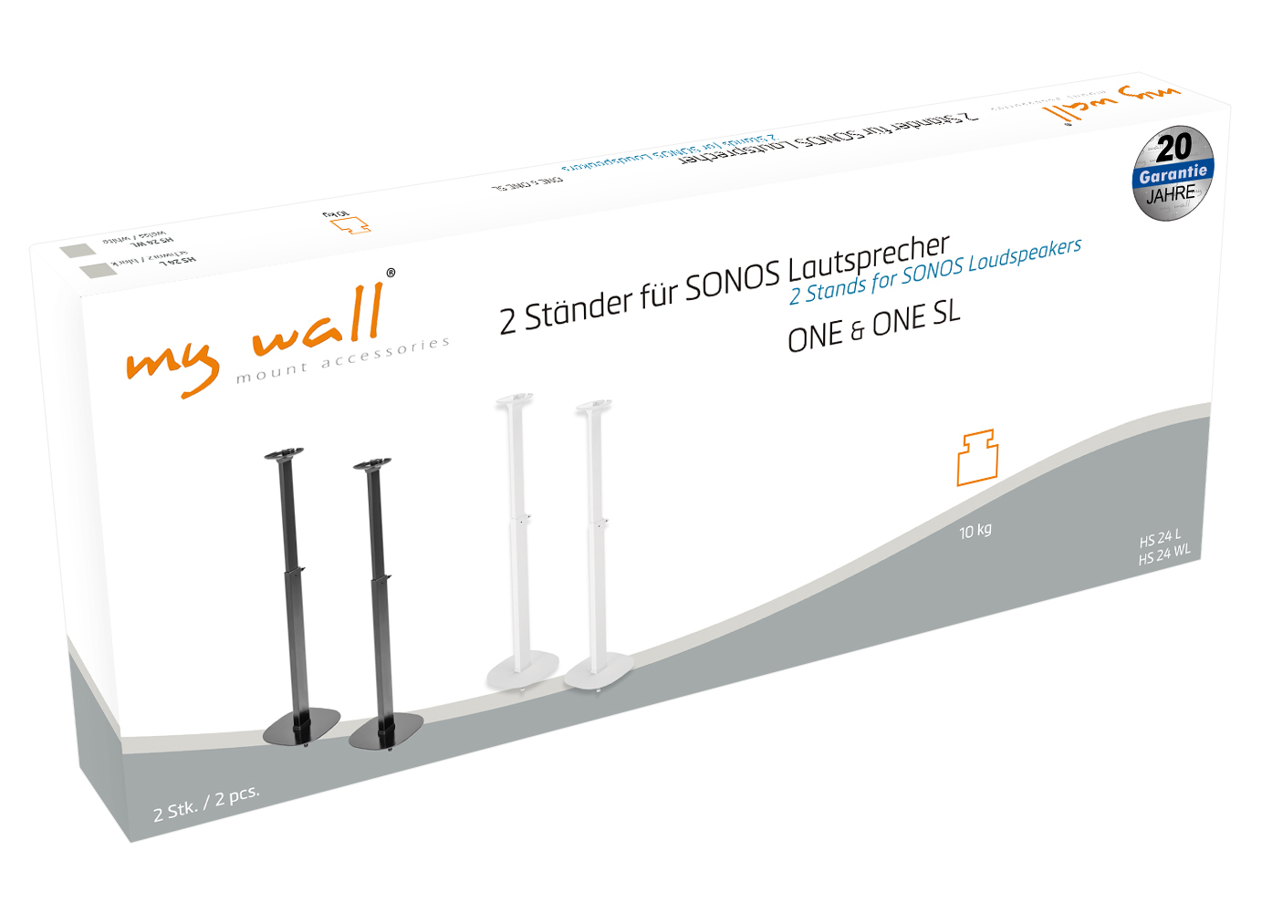 Verpackung mit zwei Lautsprecherständern, schwarz und weiß, für SONOS ONE.