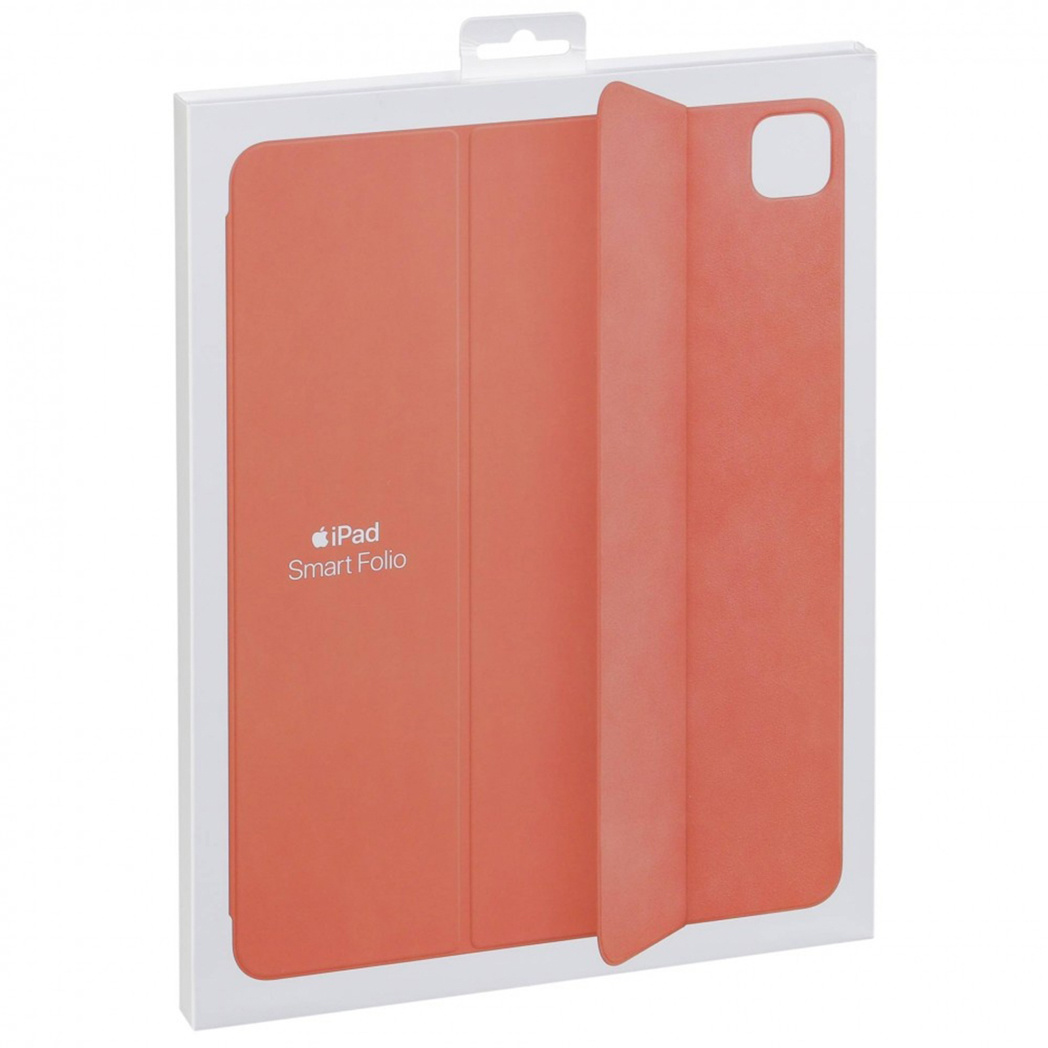 Ein orangefarbenes iPad Smart Folio in weißer Verpackung mit Hängeöse.