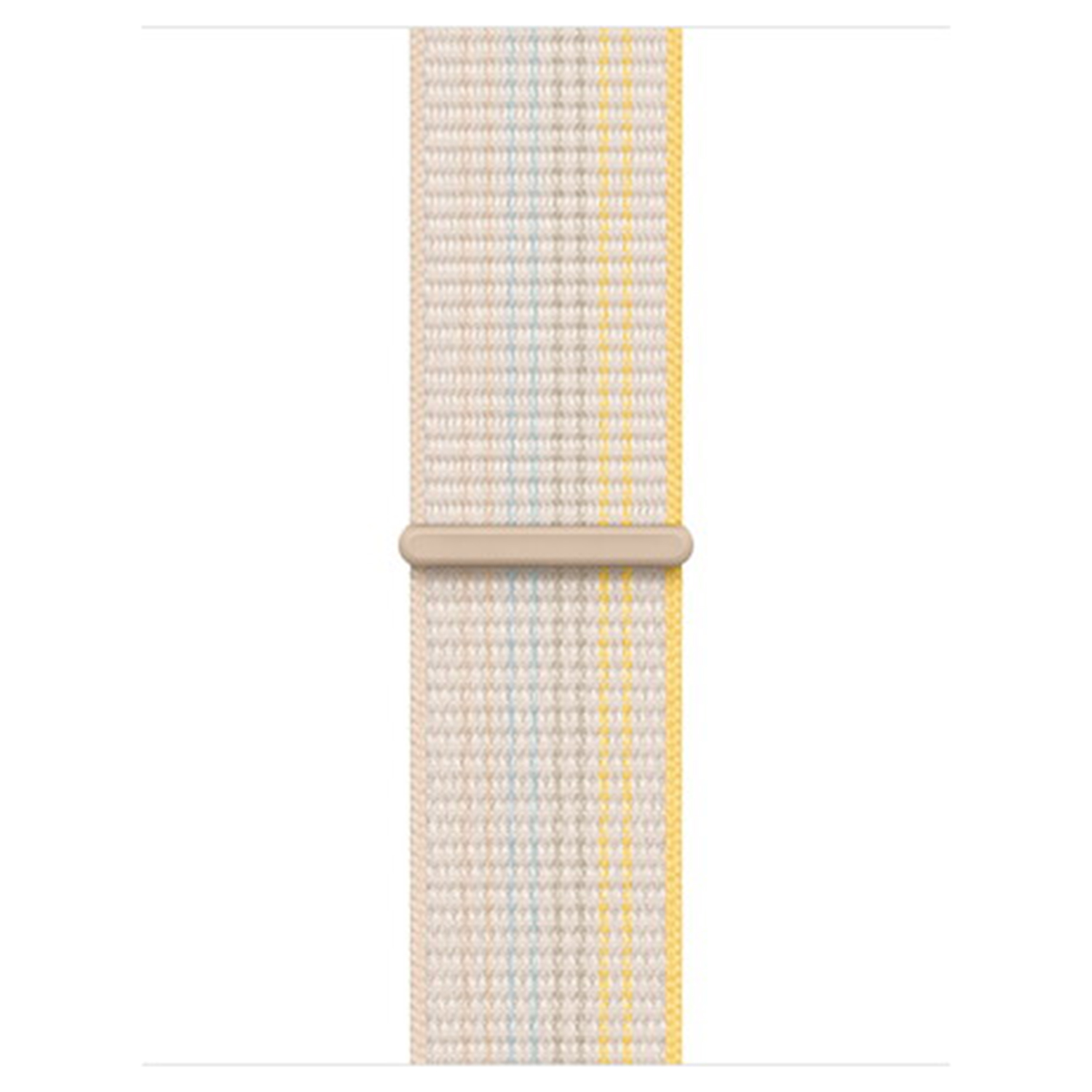 Ein helles Stoffarmband mit feinen vertikalen Streifen in Blau und Gelb.